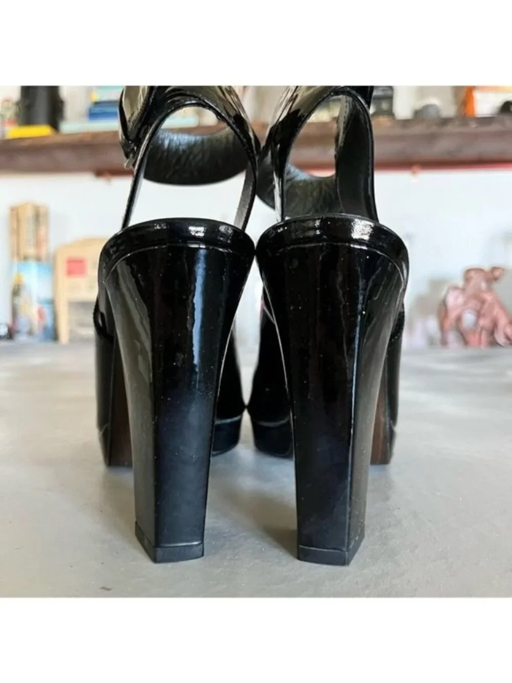 Stuart Weitzman Patent Leather Block Heel Peep Toe Ankle Heels